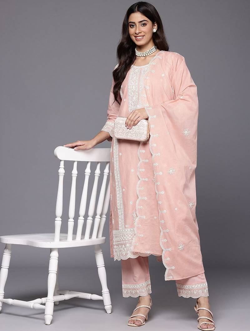 Women Embroidered Pure Cotton Kurta with Trousers & Dupatta
