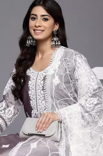 Floral Embroidered Thread Work Kurta With Palazzos & Dupatta