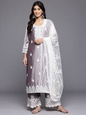 Floral Embroidered Thread Work Kurta With Palazzos & Dupatta 1