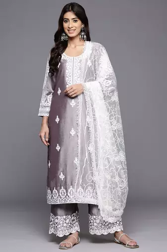 Floral Embroidered Thread Work Kurta With Palazzos & Dupatta