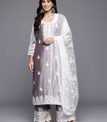 Floral Embroidered Thread Work Kurta With Palazzos & Dupatta
