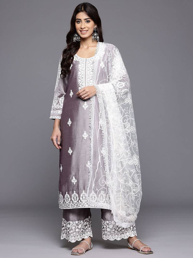 Floral Embroidered Thread Work Kurta With Palazzos & Dupatta