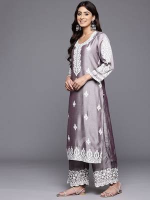 Floral Embroidered Thread Work Kurta With Palazzos & Dupatta 6