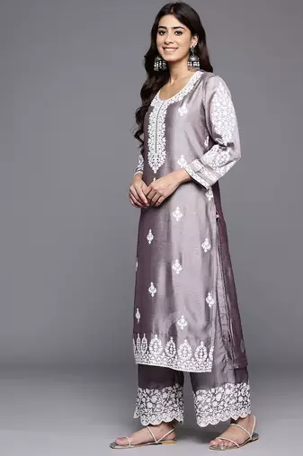 Floral Embroidered Thread Work Kurta With Palazzos & Dupatta