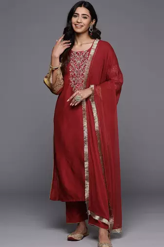 Ethnic Motifs Embroidered Regular Kurta with Trousers & With Dupatta