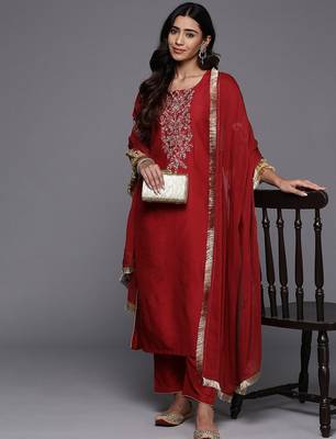 Ethnic Motifs Embroidered Regular Kurta with Trousers & With Dupatta 7