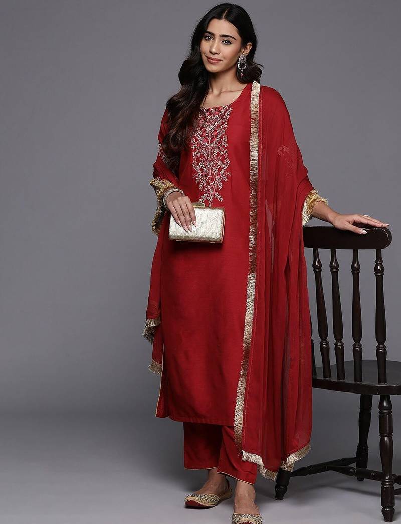 Ethnic Motifs Embroidered Regular Kurta with Trousers & With Dupatta