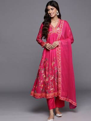 Floral Printed Gotta Patti V-Neck Empire Anarkali Kurta with Trouser & Dupatta 1