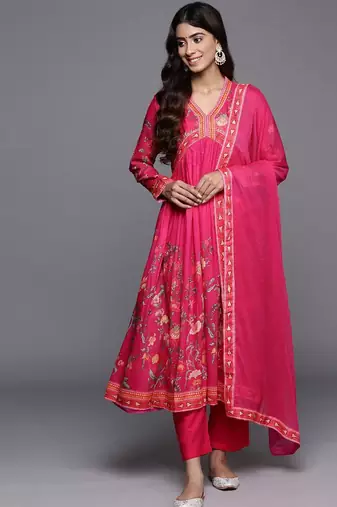Floral Printed Gotta Patti V-Neck Empire Anarkali Kurta with Trouser & Dupatta