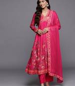 Floral Printed Gotta Patti V-Neck Empire Anarkali Kurta with Trouser & Dupatta