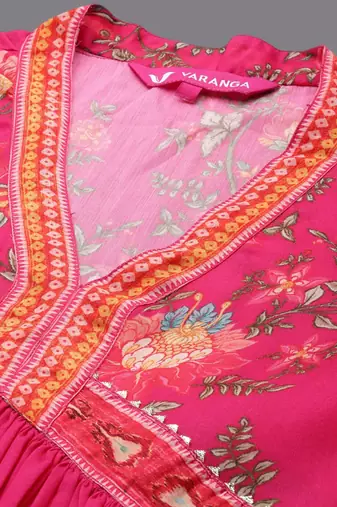 Floral Printed Gotta Patti V-Neck Empire Anarkali Kurta with Trouser & Dupatta
