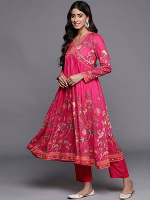 Floral Printed Gotta Patti V-Neck Empire Anarkali Kurta with Trouser & Dupatta 5