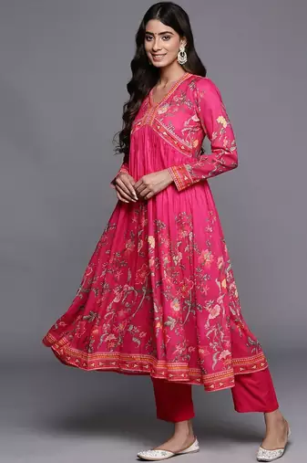 Floral Printed Gotta Patti V-Neck Empire Anarkali Kurta with Trouser & Dupatta