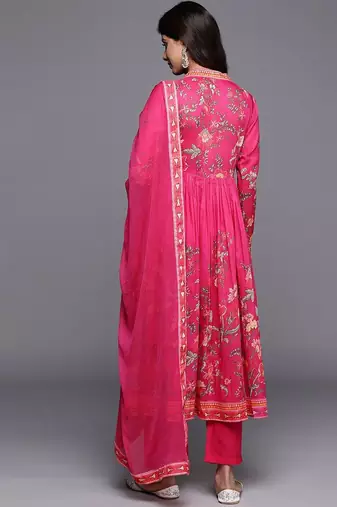 Floral Printed Gotta Patti V-Neck Empire Anarkali Kurta with Trouser & Dupatta