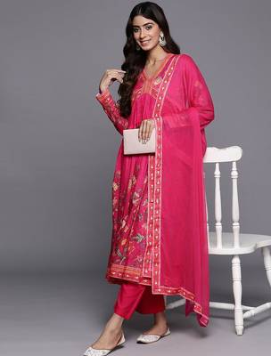 Floral Printed Gotta Patti V-Neck Empire Anarkali Kurta with Trouser & Dupatta 7