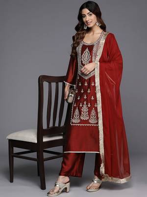 Women Ethnic Motifs Embroidered Regular Kurta with Trousers & With Dupatta 8
