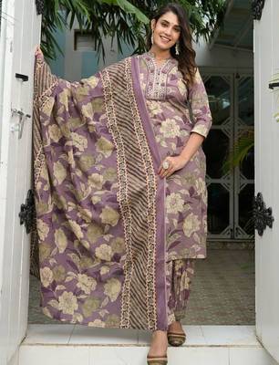 Floral Printed Regular Mirror Work Pure Cotton Kurta with Salwar & Dupatta 1