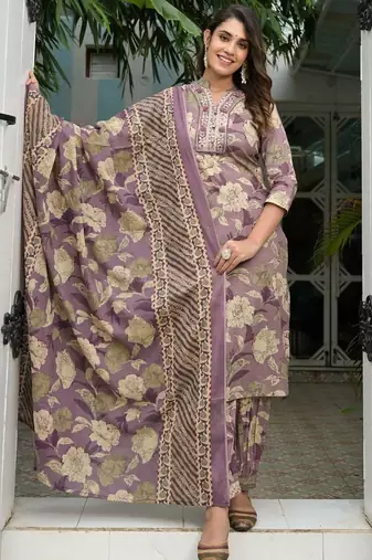 Floral Printed Regular Mirror Work Pure Cotton Kurta with Salwar & Dupatta