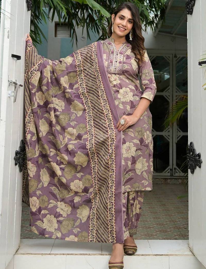 Floral Printed Regular Mirror Work Pure Cotton Kurta with Salwar & Dupatta