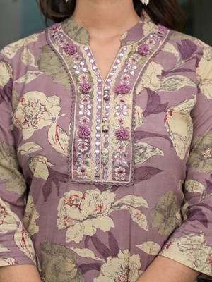 Floral Printed Regular Mirror Work Pure Cotton Kurta with Salwar & Dupatta 2