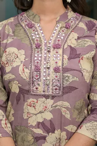 Floral Printed Regular Mirror Work Pure Cotton Kurta with Salwar & Dupatta
