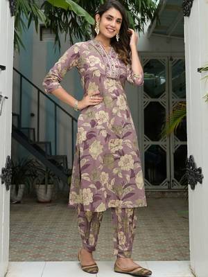 Floral Printed Regular Mirror Work Pure Cotton Kurta with Salwar & Dupatta 3