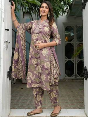 Floral Printed Regular Mirror Work Pure Cotton Kurta with Salwar & Dupatta 4
