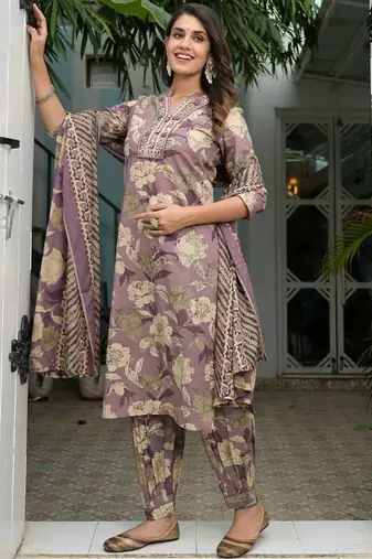 Floral Printed Regular Mirror Work Pure Cotton Kurta with Salwar & Dupatta