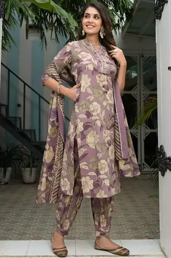 Floral Printed Regular Mirror Work Pure Cotton Kurta with Salwar & Dupatta