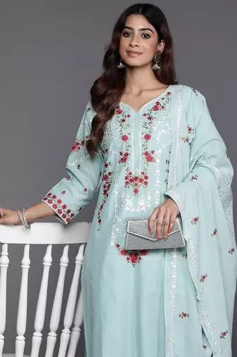 Floral Embroidered Thread Work Pure Cotton Kurta with Trousers & Dupatta