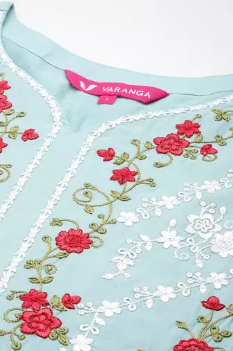 Floral Embroidered Thread Work Pure Cotton Kurta with Trousers & Dupatta
