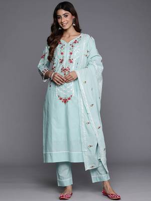 Floral Embroidered Thread Work Pure Cotton Kurta with Trousers & Dupatta 1