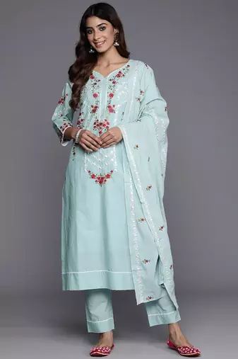 Floral Embroidered Thread Work Pure Cotton Kurta with Trousers & Dupatta