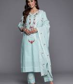 Floral Embroidered Thread Work Pure Cotton Kurta with Trousers & Dupatta