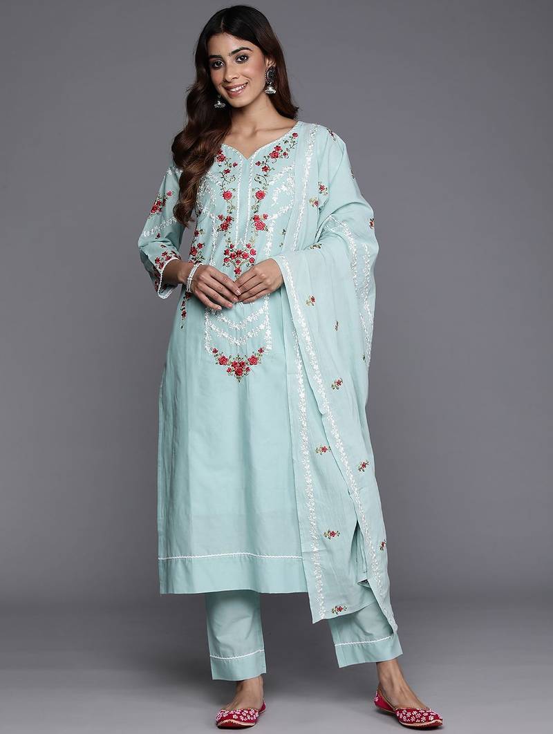 Floral Embroidered Thread Work Pure Cotton Kurta with Trousers & Dupatta