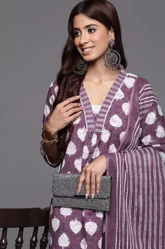Floral Printed Sequinned Pure Cotton Kurta with Trousers & Dupatta
