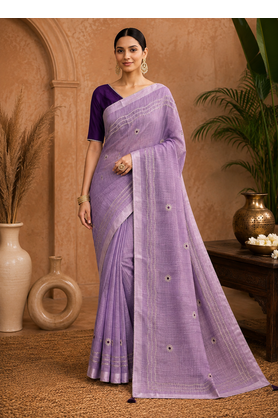 Lavender Embroidery Thread And Beats Work Design Fabric Soft Linen Saree With Unstitched Blouse 1