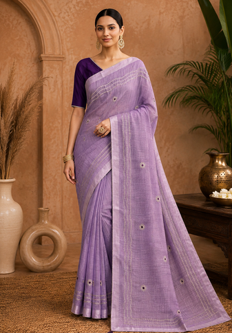 Lavender Embroidery Thread And Beats Work Design Fabric Soft Linen Saree With Unstitched Blouse