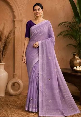 Lavender Embroidery Thread And Beats Work Design Fabric Soft Linen Saree With Unstitched Blouse