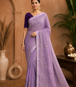 Lavender Embroidery Thread And Beats Work Design Fabric Soft Linen Saree With Unstitched Blouse