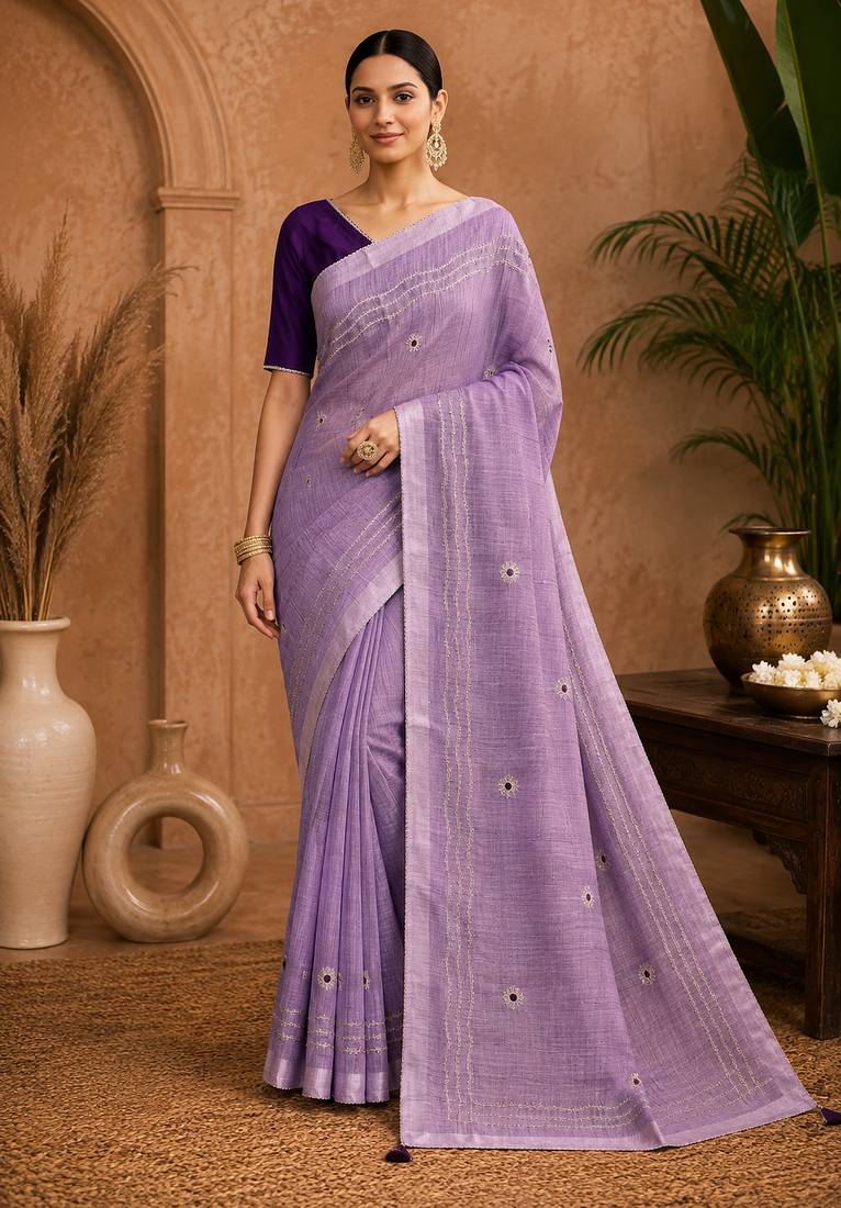 Lavender Embroidery Thread And Beats Work Design Fabric Soft Linen Saree With Unstitched Blouse