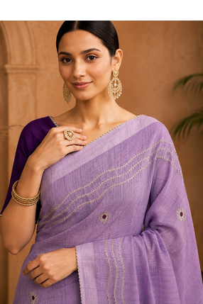 Lavender Embroidery Thread And Beats Work Design Fabric Soft Linen Saree With Unstitched Blouse 2