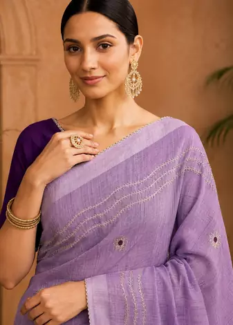 Lavender Embroidery Thread And Beats Work Design Fabric Soft Linen Saree With Unstitched Blouse