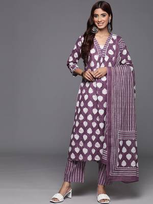 Floral Printed Sequinned Pure Cotton Kurta with Trousers & Dupatta 1