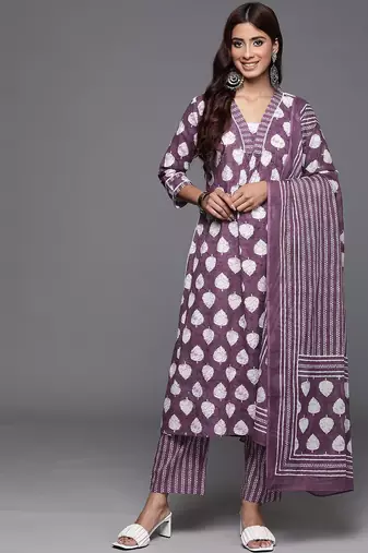 Floral Printed Sequinned Pure Cotton Kurta with Trousers & Dupatta