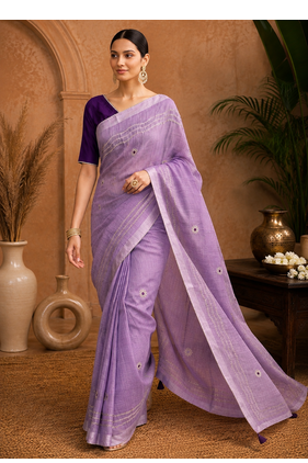 Lavender Embroidery Thread And Beats Work Design Fabric Soft Linen Saree With Unstitched Blouse 3