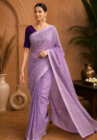 Lavender Embroidery Thread And Beats Work Design Fabric Soft Linen Saree With Unstitched Blouse