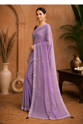 Lavender Embroidery Thread And Beats Work Design Fabric Soft Linen Saree With Unstitched Blouse 4