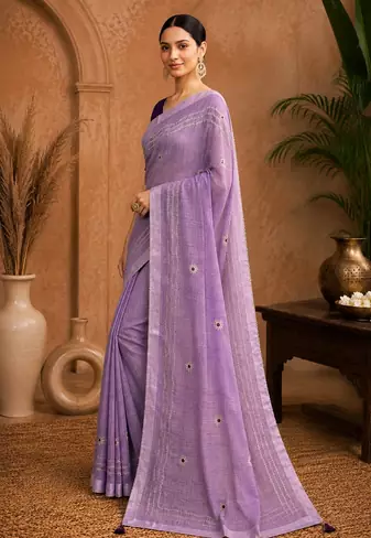 Lavender Embroidery Thread And Beats Work Design Fabric Soft Linen Saree With Unstitched Blouse