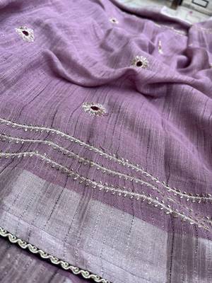 Lavender Embroidery Thread And Beats Work Design Fabric Soft Linen Saree With Unstitched Blouse 5